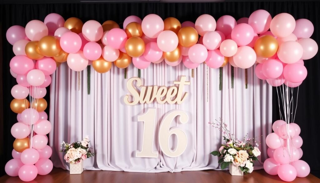 Elegant Sweet 16 party backdrop with balloon garland and decorative elements