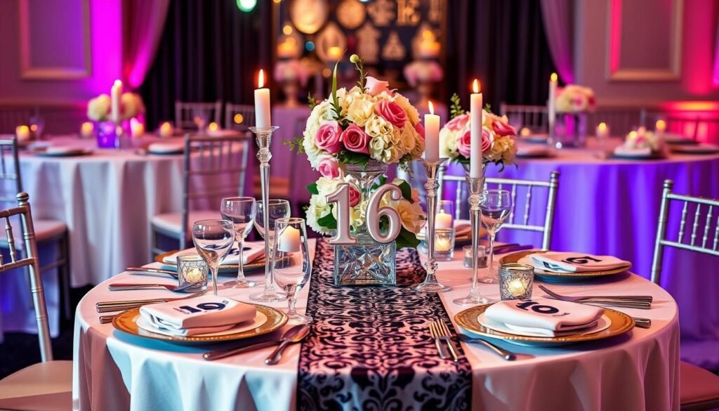 Elegant Sweet 16 table setting with centerpieces and themed decorations