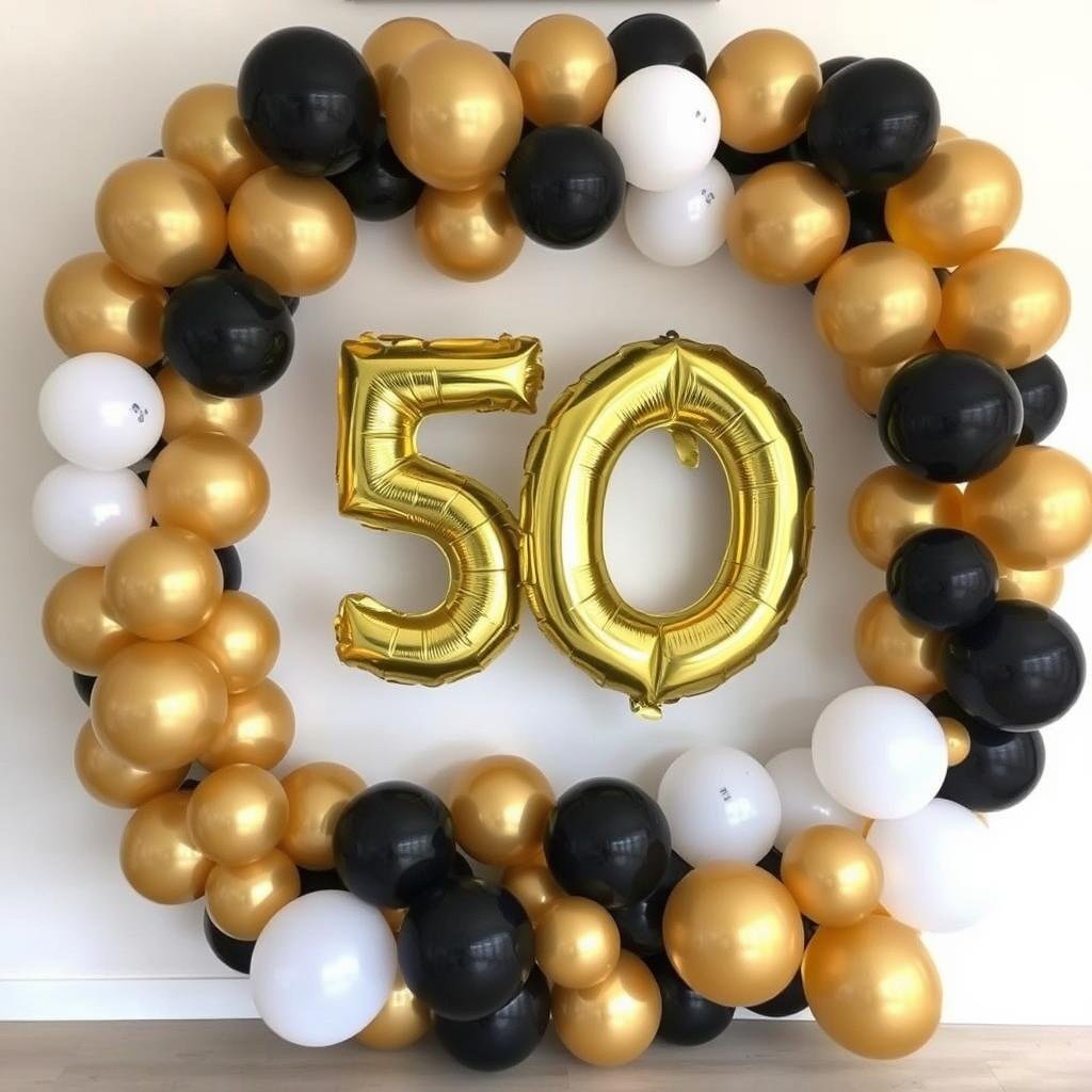 Elegant balloon arrangement with gold, black and white balloons forming a 50th birthday display Elegant balloon arrangement with gold, black and white balloons forming a 50th birthday display