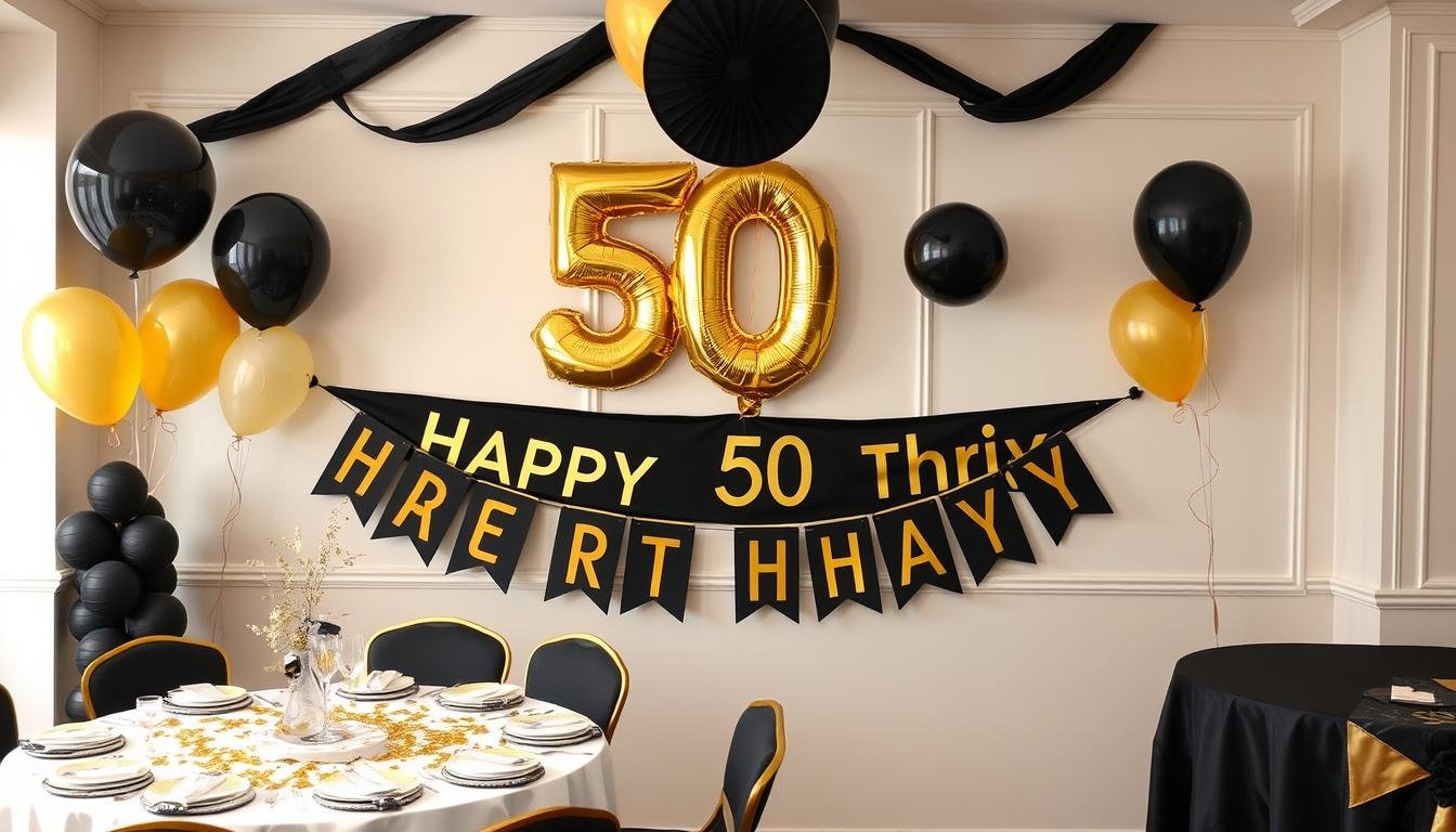 Elegant black and gold 50th birthday decorations with balloons, banners, and table centerpieces