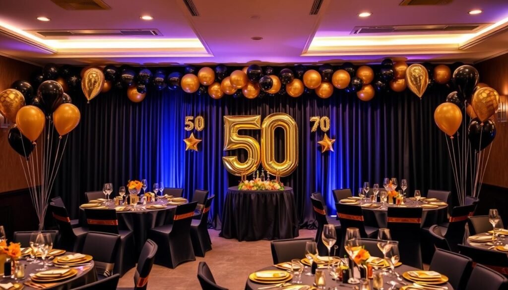 Elegant black and gold 50th birthday decorations with balloons, banners, and table settings