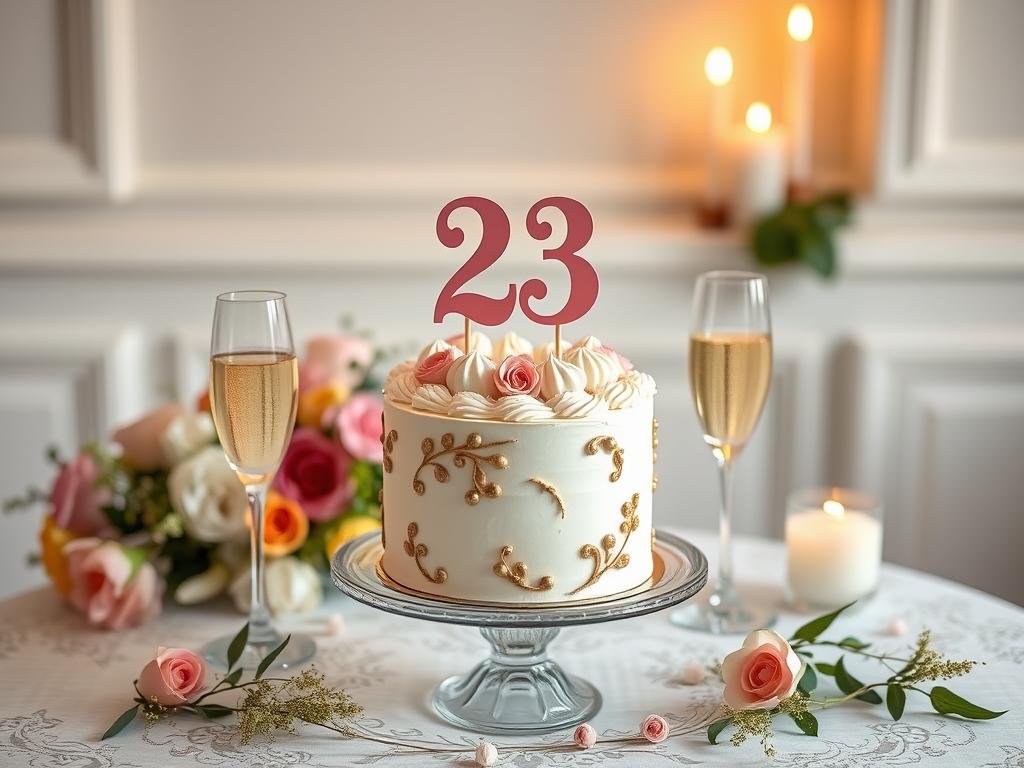Elegant cake and champagne setup for 23 birthday photoshoot