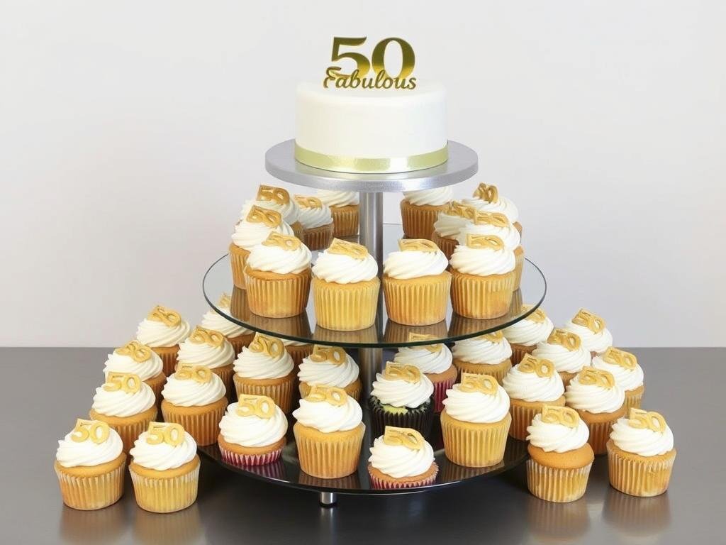 Elegant cupcake tower for 50th birthday with gold-decorated cupcakes and small cake topper Elegant cupcake tower for 50th birthday with gold-decorated cupcakes and small cake topper