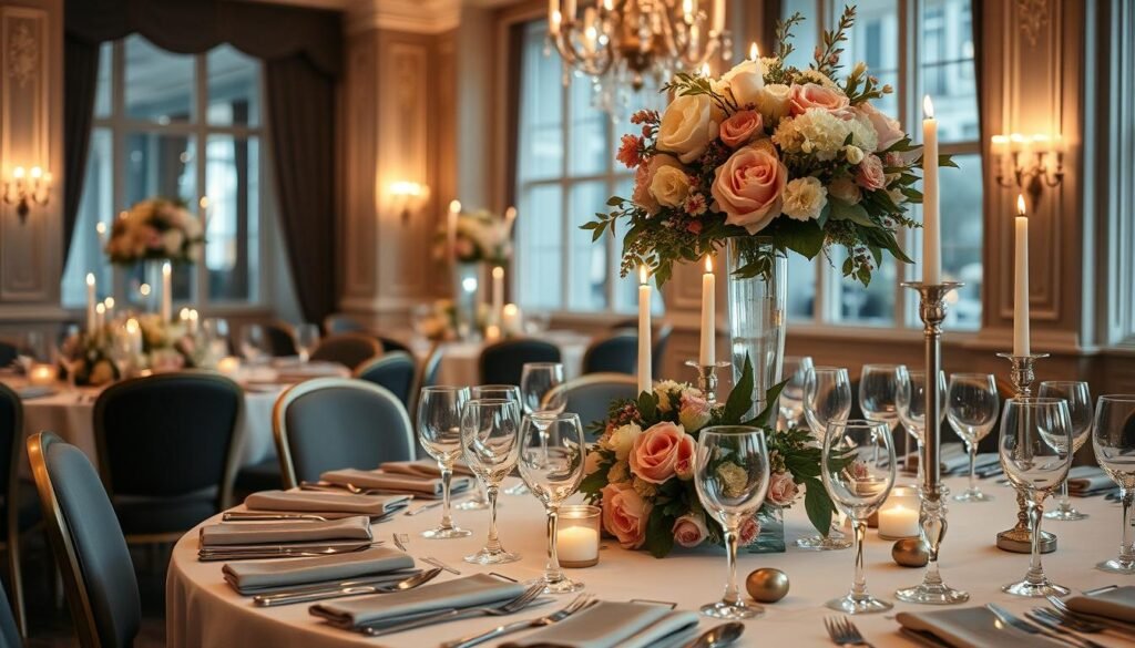 Elegant dinner party setup for 30th birthday with fine china, candles, and floral centerpieces