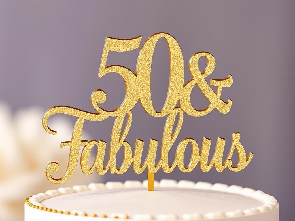 Elegant gold 50th birthday cake topper on a white frosted cake Elegant gold 50th birthday cake topper on a white frosted cake