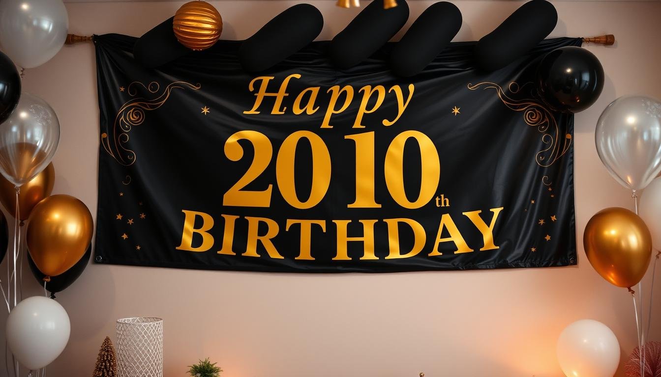 Elegant gold and black 20th birthday banner displayed at a celebration party