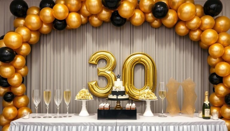 Elegant gold and black 30th birthday party decorations with balloons, champagne glasses, and '30' number displays
