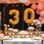 Elegant gold and blush 30th birthday aesthetic with champagne tower, gold balloons, and soft pink floral arrangements