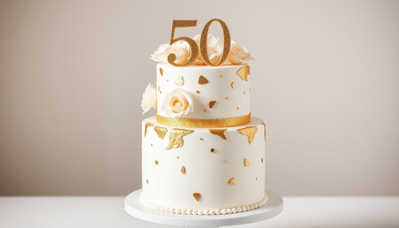 Elegant gold and white 50th birthday cake for women with floral decorations