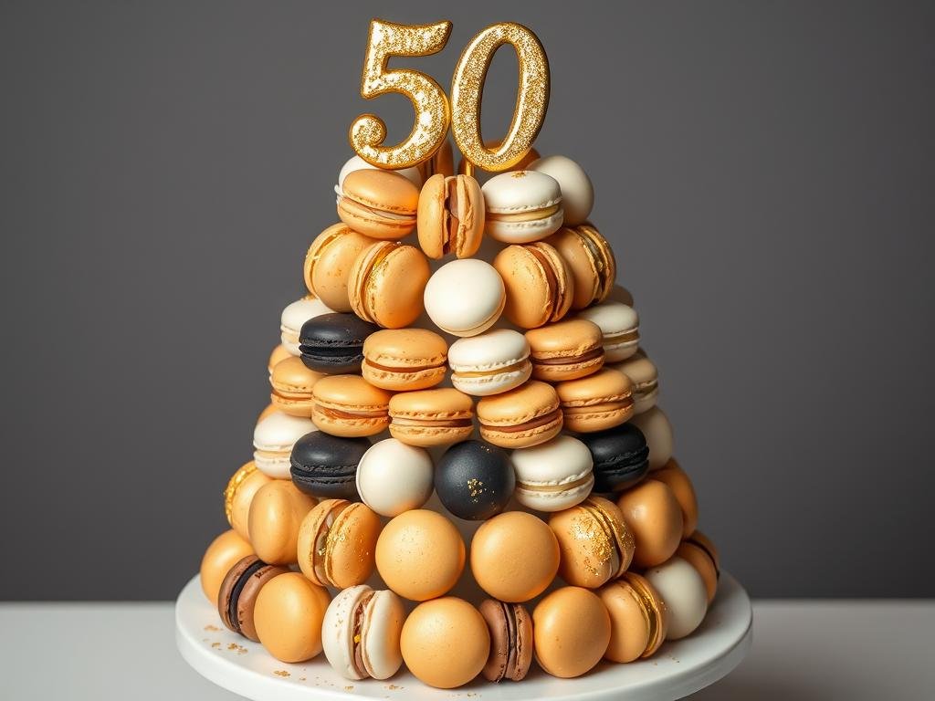 Elegant macaron tower for 50th birthday with gold-dusted macarons in various colors Elegant macaron tower for 50th birthday with gold-dusted macarons in various colors
