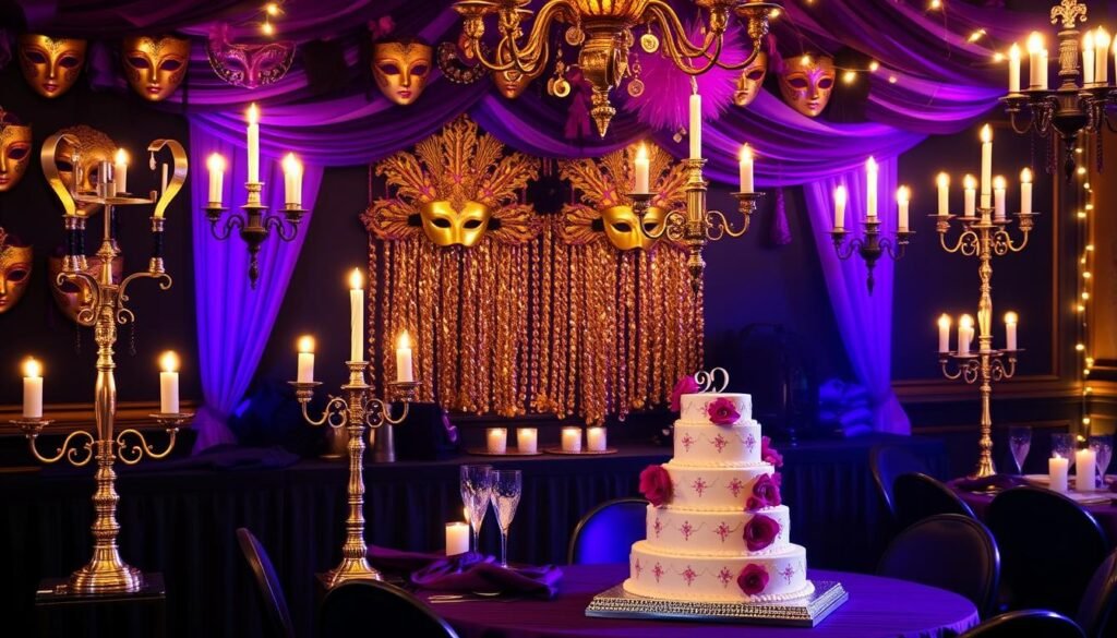 Elegant masquerade ball Sweet 16 setup with masks, purple and gold decorations