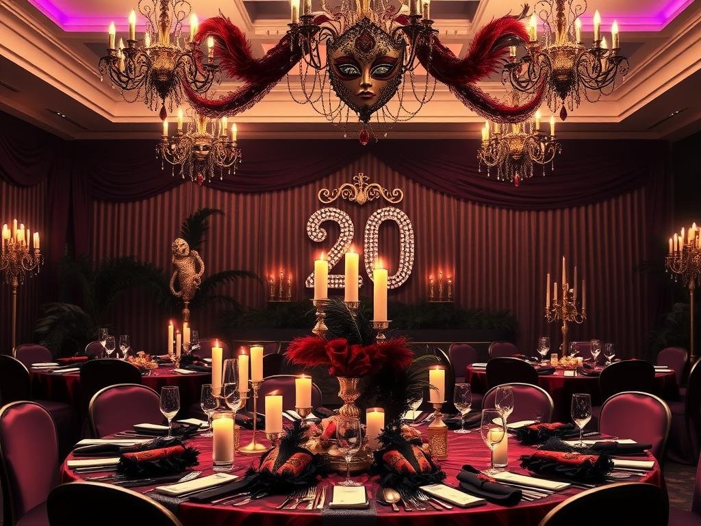 Elegant masquerade ball decorations for a 20th birthday with masks and candles