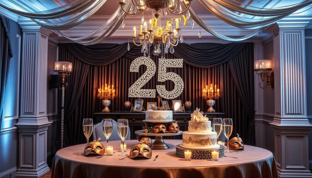 Elegant masquerade ball setup for a 25th birthday party