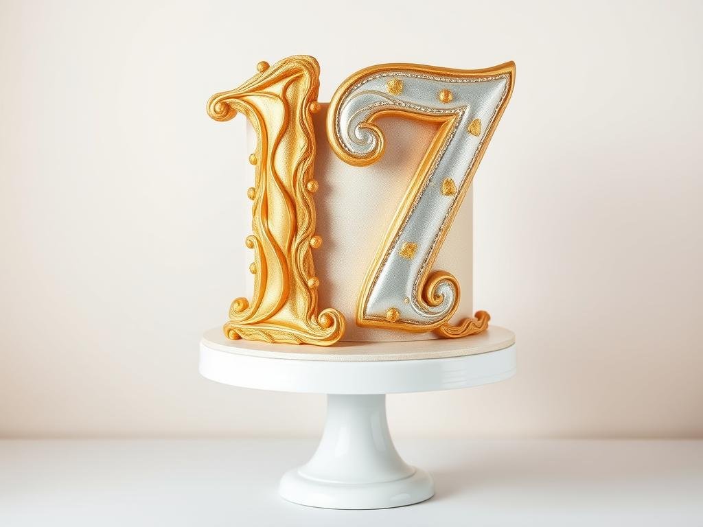 Elegant number 17 cake with gold and silver metallic decorations Elegant number 17 cake with gold and silver metallic decorations