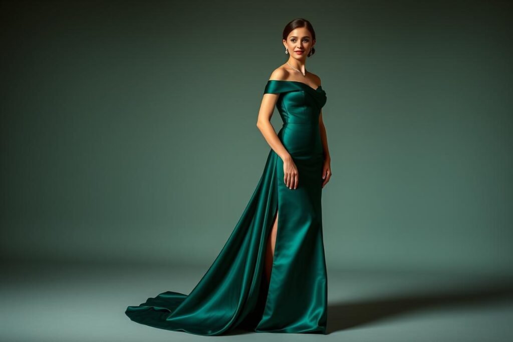 Elegant off-shoulder satin gown for 16th birthday in rich jewel tone with minimal accessories