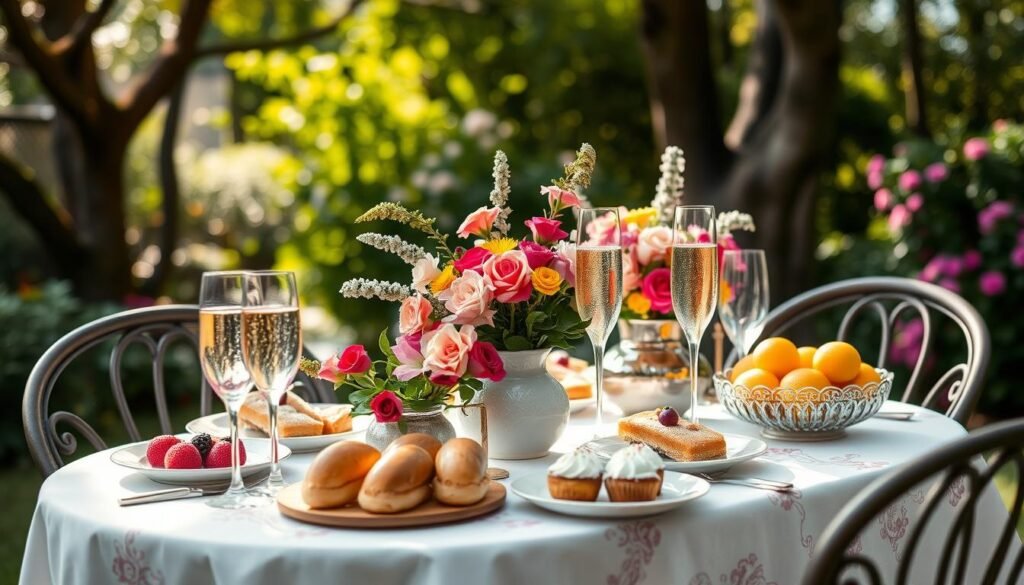 Elegant outdoor garden brunch setup for a 25th birthday