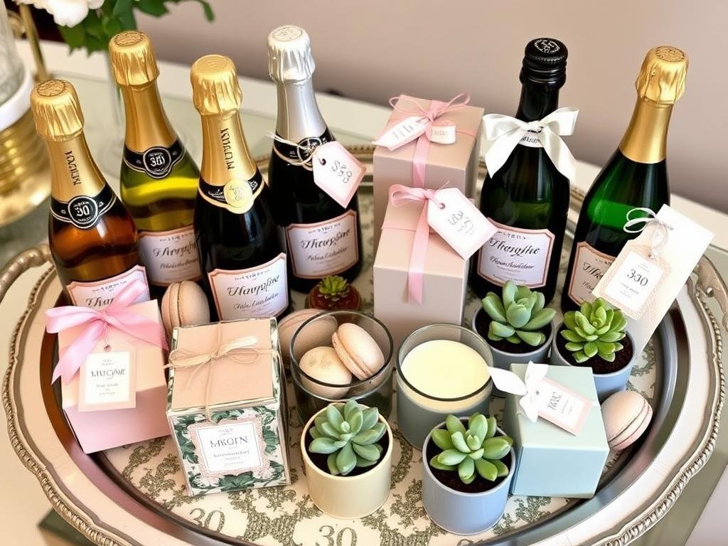 Elegant party favors for 30th birthday including personalized gifts, mini champagne bottles, and custom treats arranged in an aesthetic display