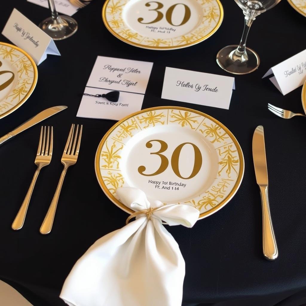 Elegant place setting for 30th birthday with themed plates, custom name card, and party favor Elegant place setting for 30th birthday with themed plates, custom name card, and party favor