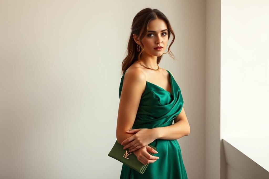 Elegant satin cowl neck dress in emerald green for 19th birthday