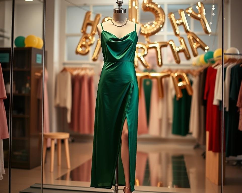 Elegant satin slip dress in emerald green for a 16th birthday celebration