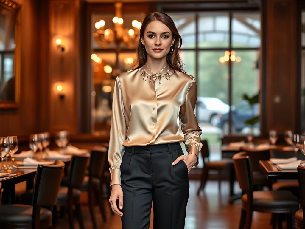 Elegant silk blouse and tailored pants for 20th birthday dinner