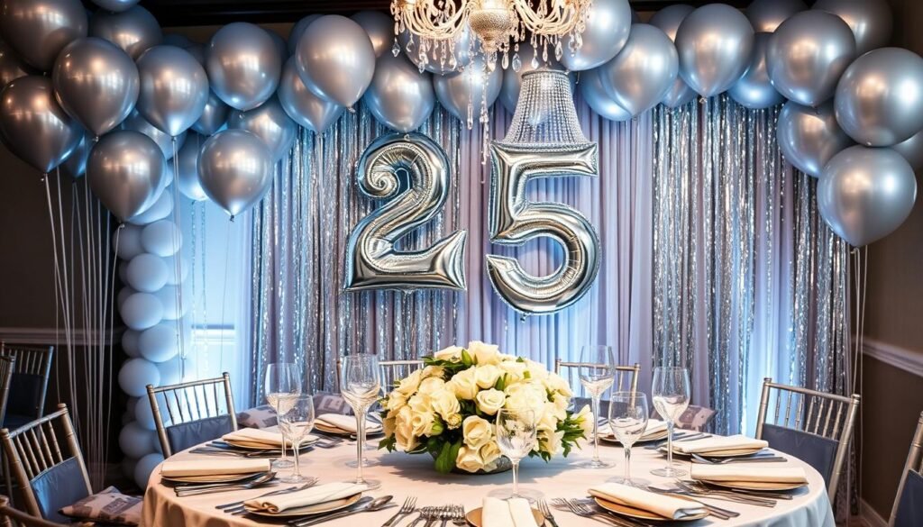 Elegant silver jubilee 25th birthday party decoration with silver balloons, candles, and table settings