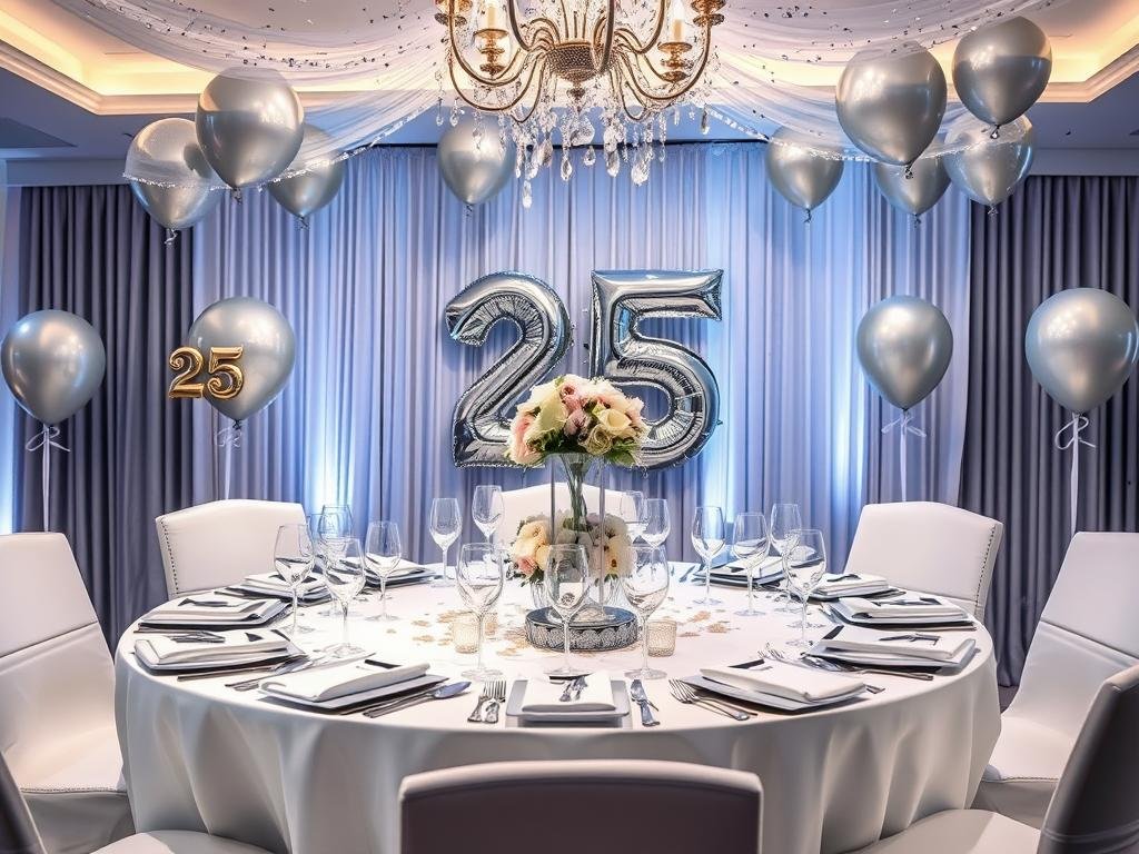 Elegant silver jubilee 25th birthday party setup with metallic decorations, balloons, and table settings Elegant silver jubilee 25th birthday party setup with metallic decorations, balloons, and table settings