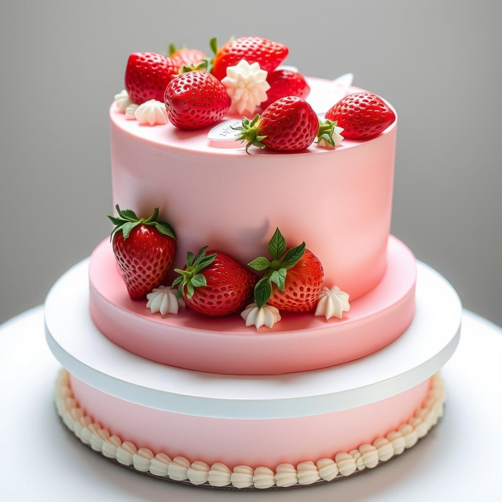 Elegant strawberry cake with smooth pink fondant and fondant strawberry decorations