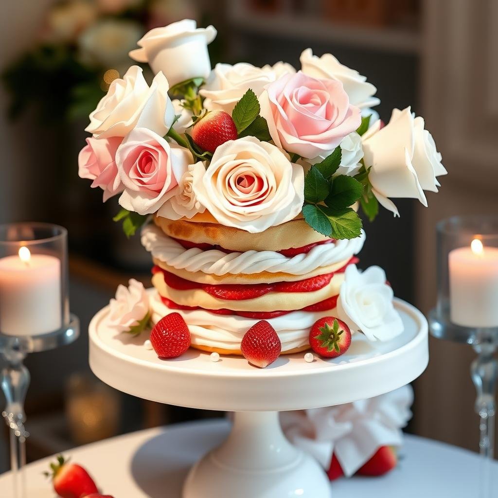 Elegant strawberry shortcake centerpiece for a bridal shower with romantic elements