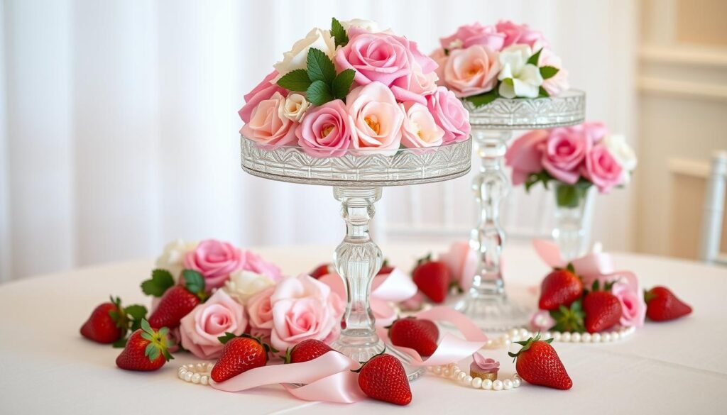 Elegant strawberry shortcake centerpiece with crystal elements and fresh flowers suitable for weddings