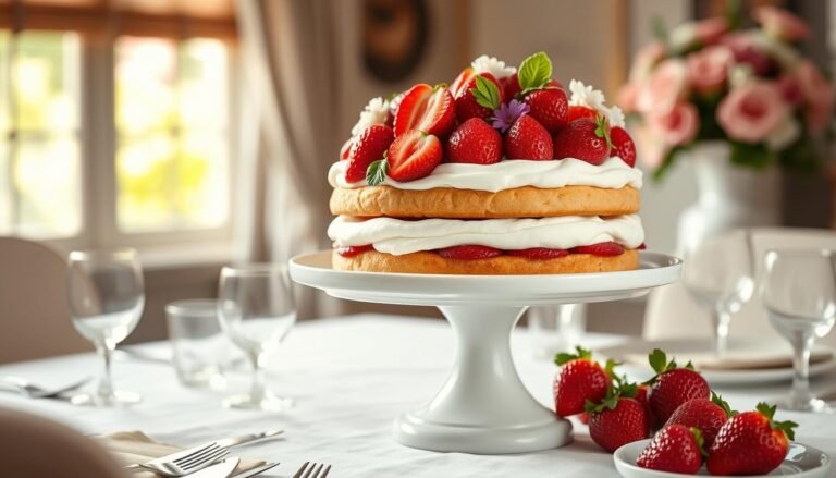 Elegant strawberry shortcake centerpiece with fresh berries and flowers on a white cake stand
