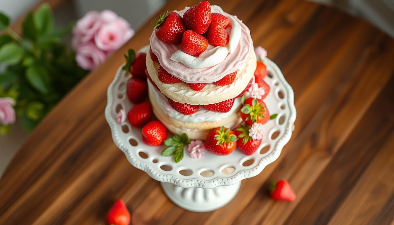Elegant strawberry shortcake centerpiece with fresh strawberries and flowers on a vintage cake stand