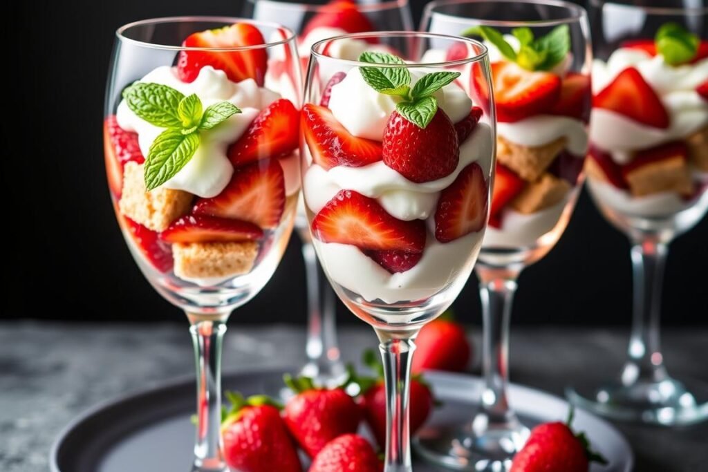 Elegant strawberry shortcake parfaits in champagne flutes