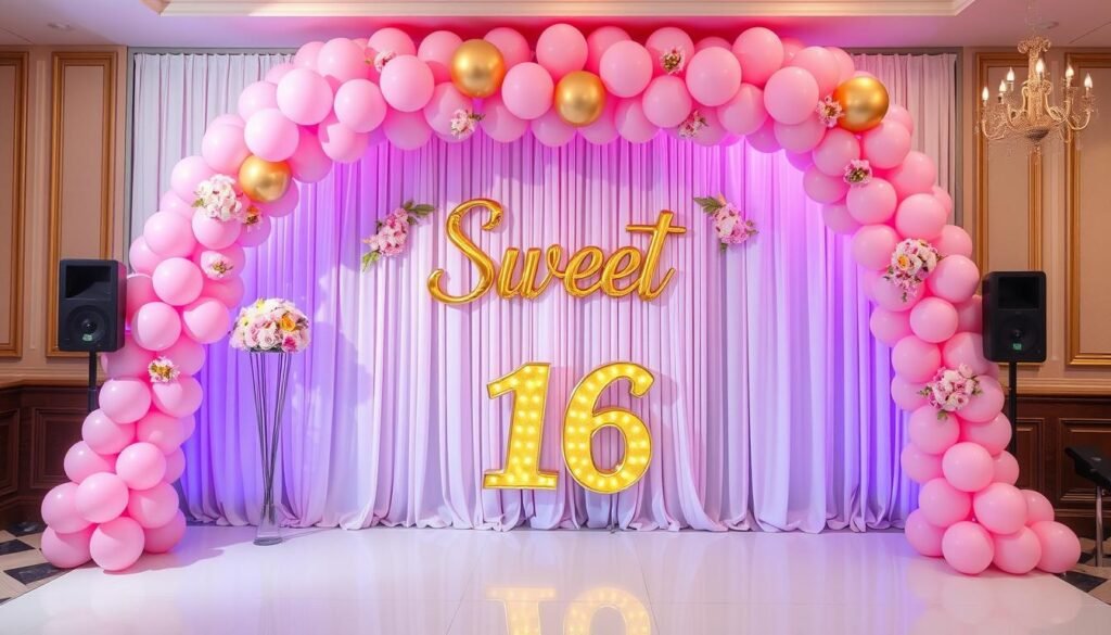 Elegant sweet 16 backdrop with balloon arch, floral elements, and personalized signage Elegant sweet 16 backdrop with balloon arch, floral elements, and personalized signage