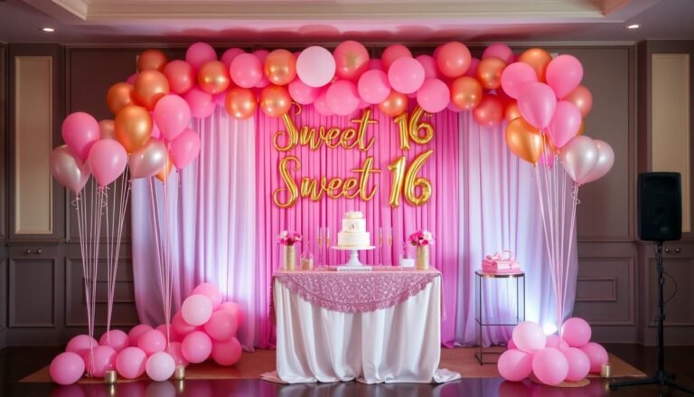 Elegant sweet 16 decorations featuring pink and gold theme with balloons, banners, and table settings