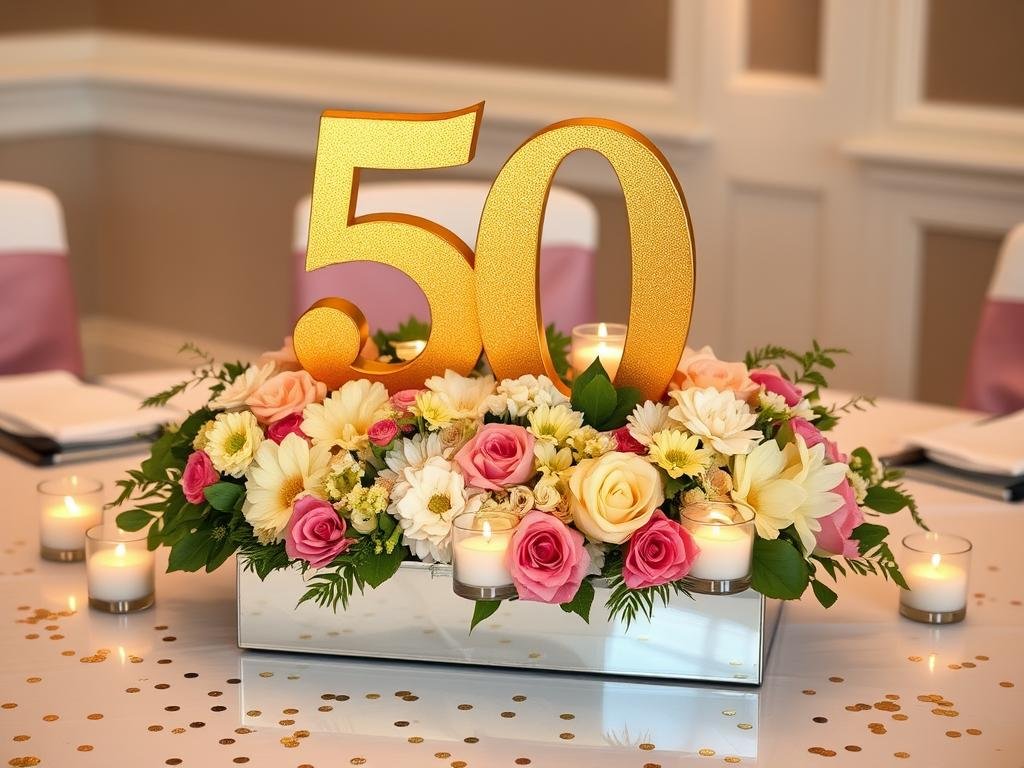 Elegant table centerpiece with gold '50' numbers, flowers, and candles Elegant table centerpiece with gold '50' numbers, flowers, and candles