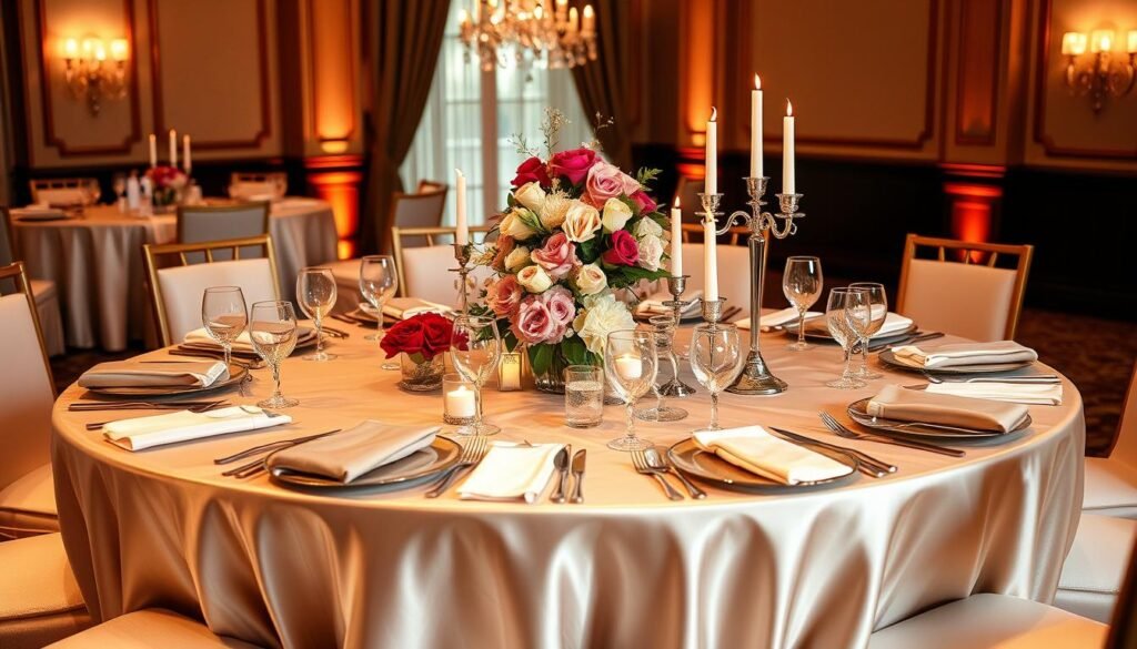 Elegant table setting for a Sweet 16 DTI party with centerpieces, place settings, and themed decorations Elegant table setting for a Sweet 16 DTI party with centerpieces, place settings, and themed decorations