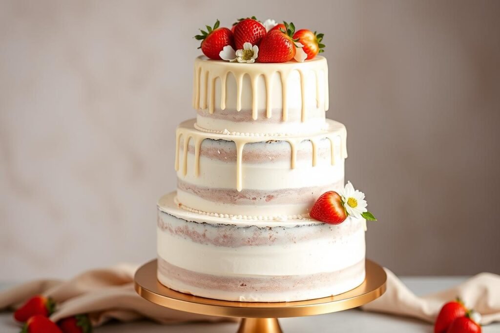 Elegant three-tier strawberry cake with white chocolate drip and fresh strawberries