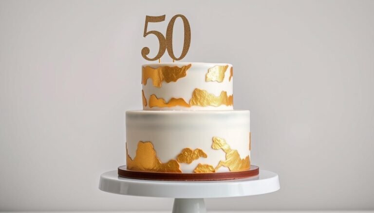 Elegant two-tier gold and white 50th birthday cake with gold leaf accents and a gold '50' cake topper