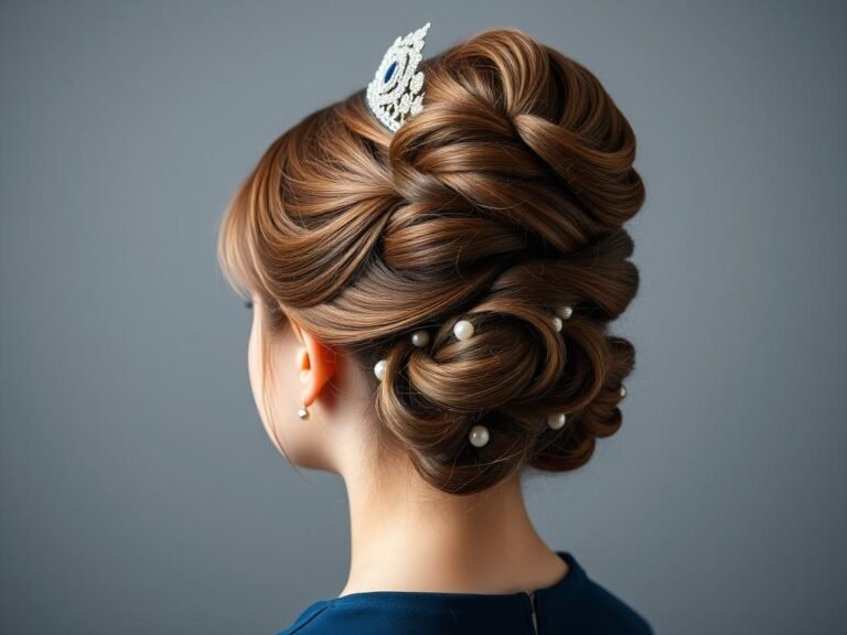 Elegant updo sweet 16 hairstyle with pearl pins and small tiara