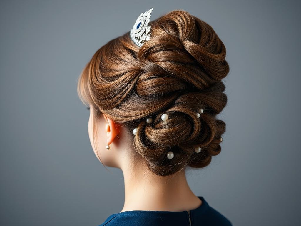 Elegant updo sweet 16 hairstyle with pearl pins and small tiara