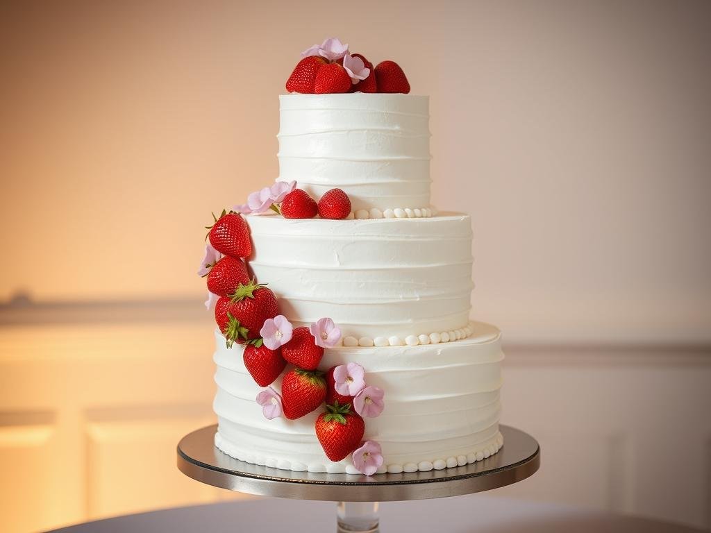 Elegant wedding strawberry cake with white frosting, fresh strawberries, and floral accents
