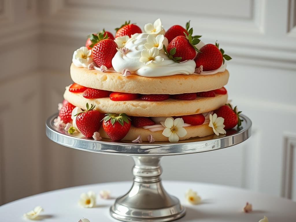 Elegant wedding strawberry shortcake centerpiece with white chocolate and edible flowers