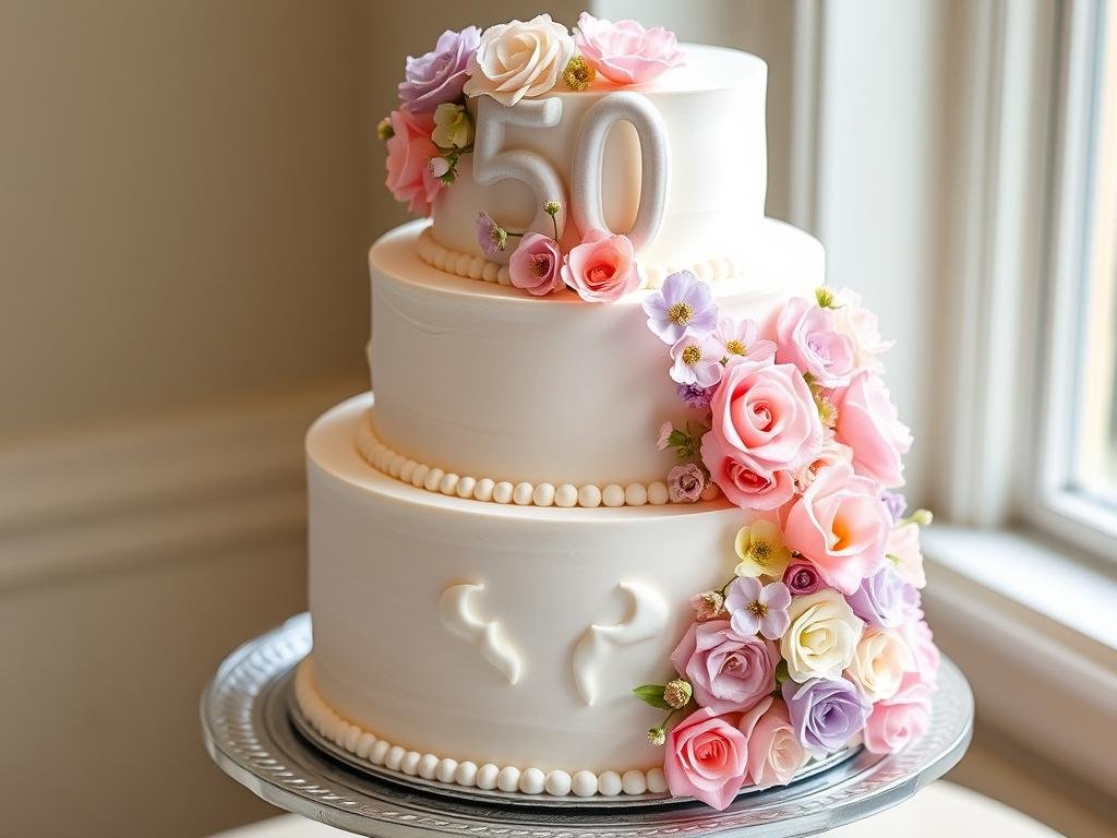 Elegant white 50th birthday cake with cascading fresh flowers in pastel colors Elegant white 50th birthday cake with cascading fresh flowers in pastel colors