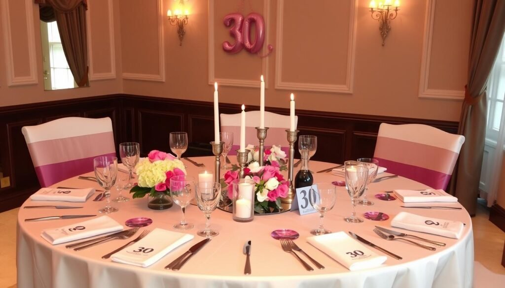 Elegantly decorated 30th birthday party table with centerpieces, place settings, and themed elements Elegantly decorated 30th birthday party table with centerpieces, place settings, and themed elements