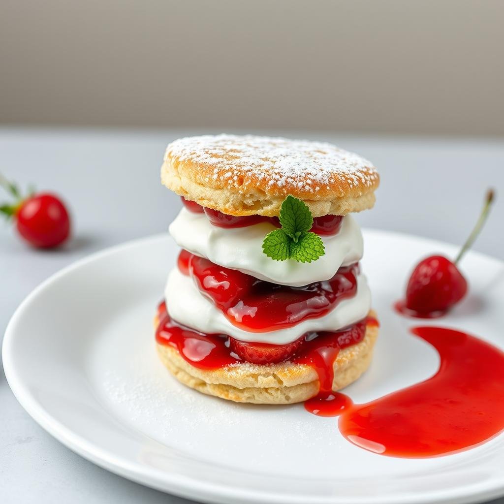 Elegantly plated cherry jam strawberry shortcake on a white plate with decorative elements Elegantly plated cherry jam strawberry shortcake on a white plate with decorative elements
