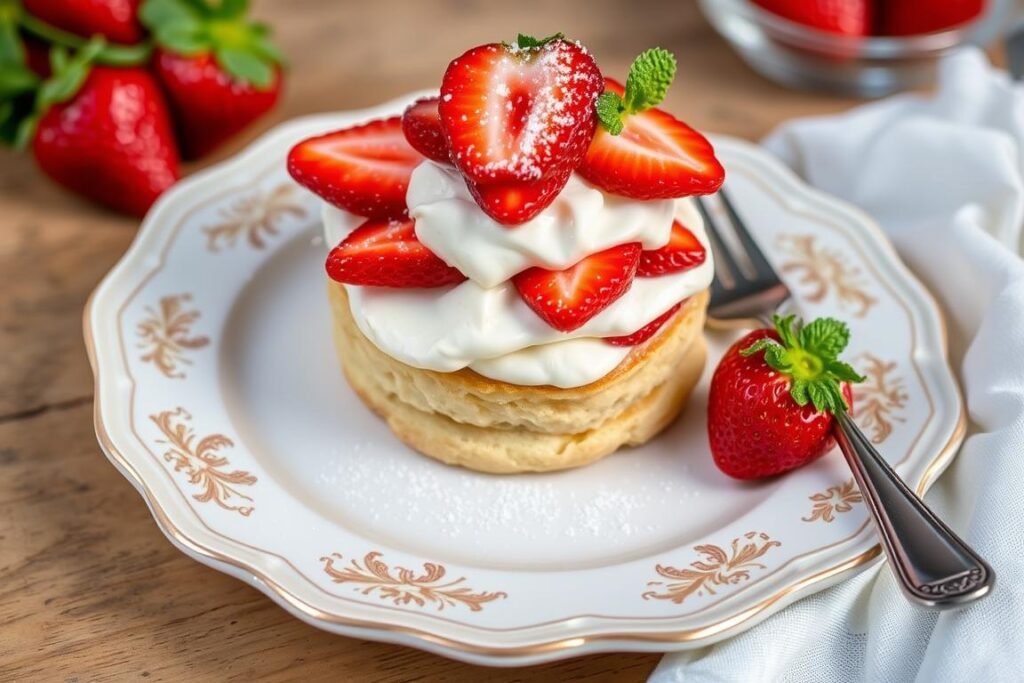 Elegantly plated gluten free strawberry shortcake with mint garnish
