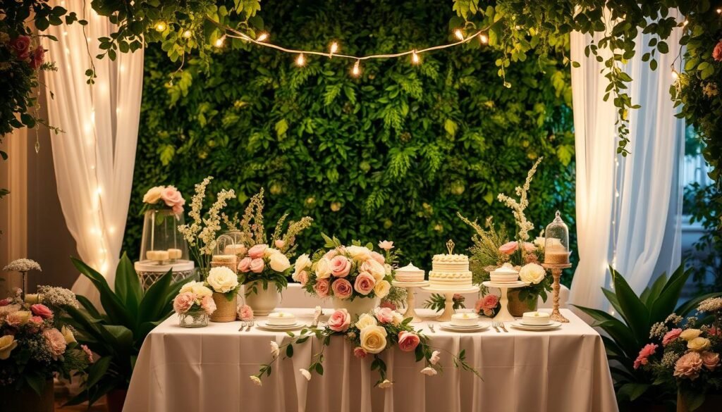 Enchanted garden Sweet 16 party setup with fairy lights, flowers, and greenery
