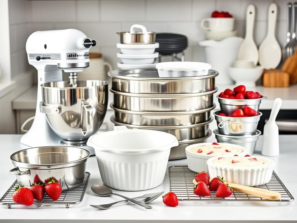 Essential baking equipment for making homemade strawberry cake