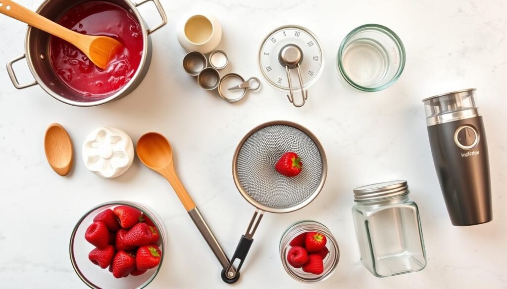 Essential baking tools for making strawberry cake filling arranged on a counter Essential baking tools for making strawberry cake filling arranged on a counter